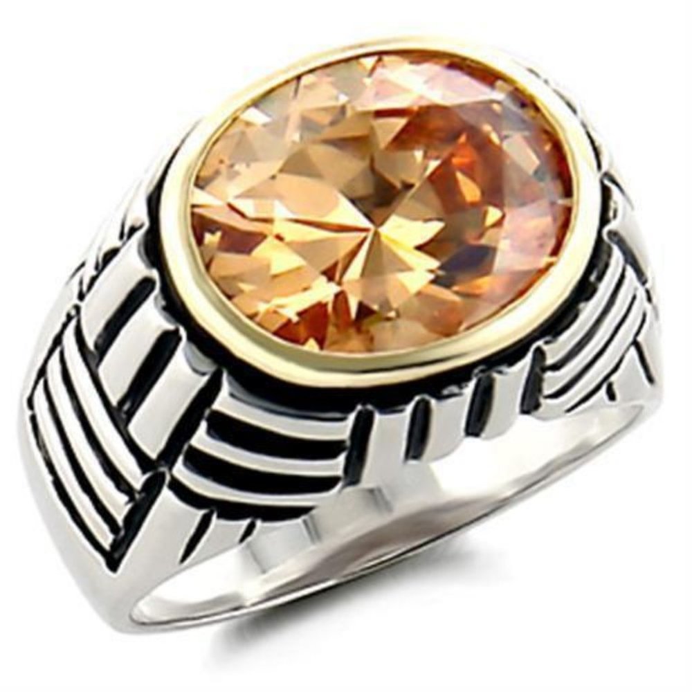 Mens Two-Tone Sterling Silver Ring w/ Champagne-CZ